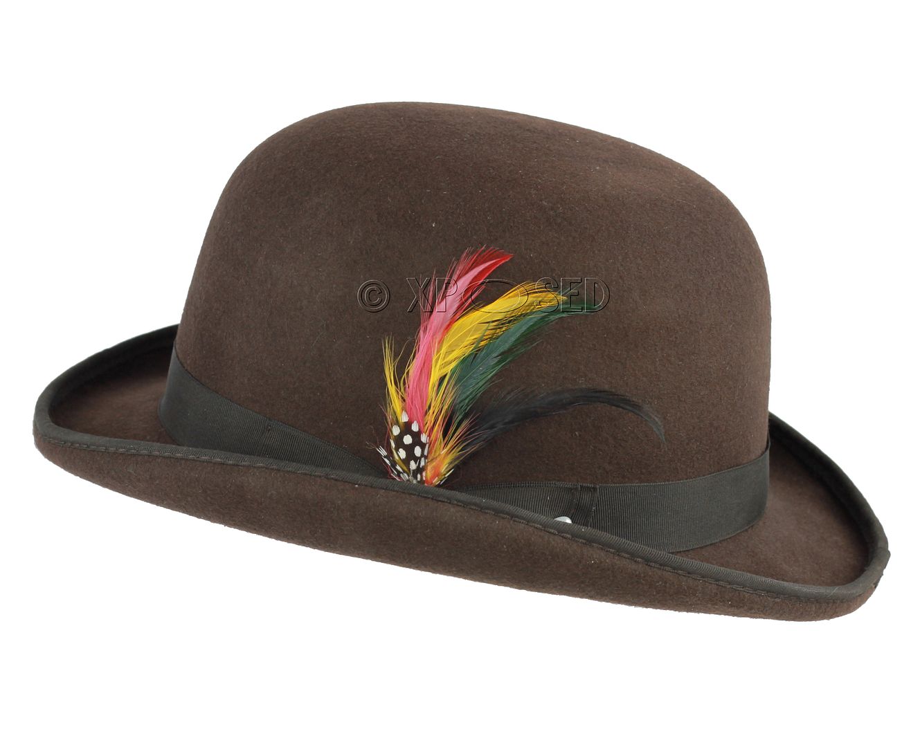 Unisex Vintage English Style 100 Wool Felt Feather Bowler Hat Red